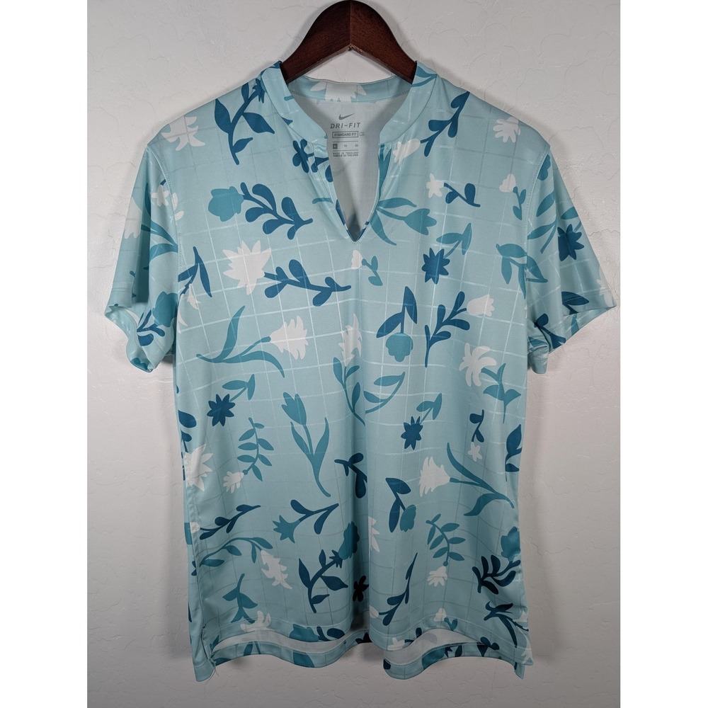 Nike Shirt Womens XL Blue White Floral Dri-FIT‎ Standard Fit Golf Split Neck